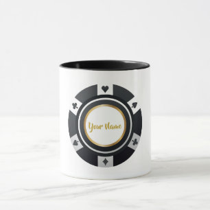 Caneca Ouro branco preto com chip de pôquer personalizáve