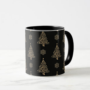 Caneca Ouro elegante e padrão de Natal preto