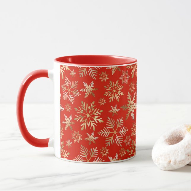 Caneca Ouro Elegante Flocos de Neve Lava Natal Vermelho (Com Donut)