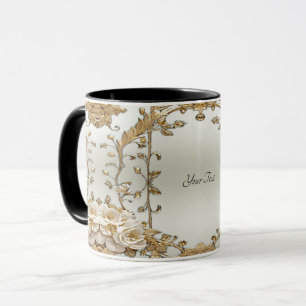 Caneca Ouro Ornamentado Branco Flores Mug