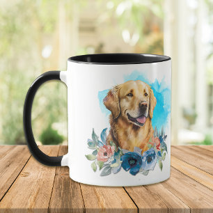 Caneca Ouro Retriever Cachorro Azul Buquê Floral