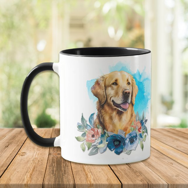 Caneca Ouro Retriever Cachorro Azul Buquê Floral (Criador carregado)