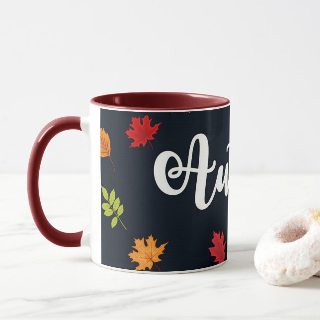 Caneca outono de outono deixa vermelho amarelo alaranjado (Com Donut)