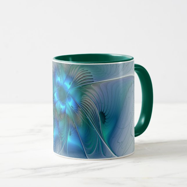 Caneca Ovações de Pé, Fractal Azul Turquesa Abstrato (Frente Esquerda)