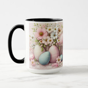 Caneca Ovos de Páscoa florais cor-de-rosa com renda monog