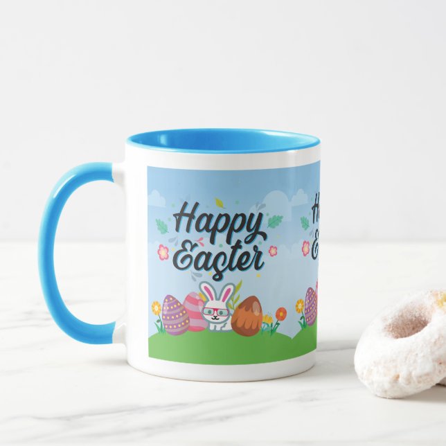 Caneca Ovos Feliz Páscoa Coelho & Flores (Com Donut)