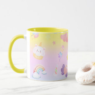 Caneca Padrão-arco-íris de unicórnio cupcake rosa-claro