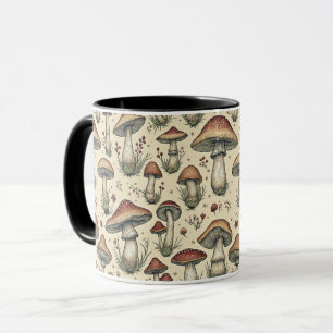 Caneca Padrão Botânico de Cogumelos em Castanho e bege