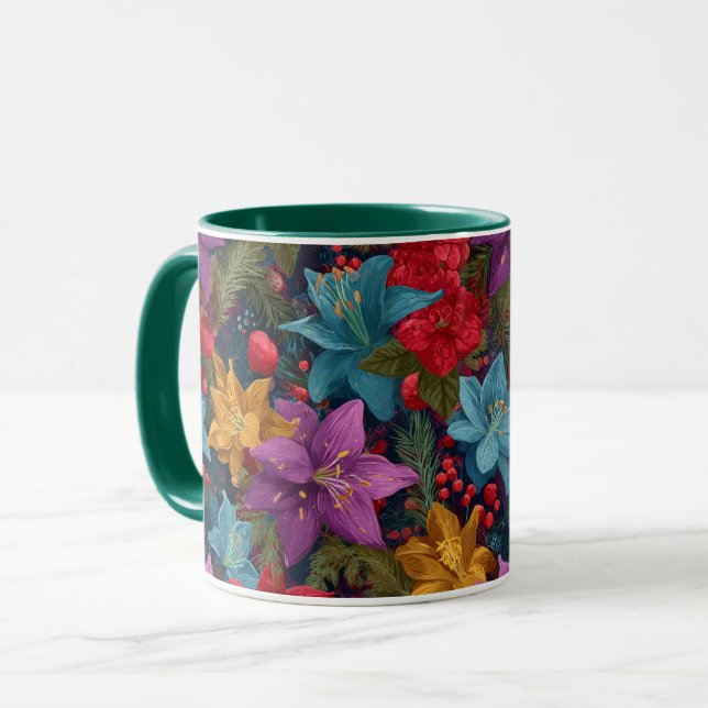 Caneca Padrão Botânico Natalino Festivo (Frente Esquerda)