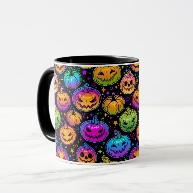 Caneca Padrão Brilhante de Abóbora de Halloween (Frente Esquerda)