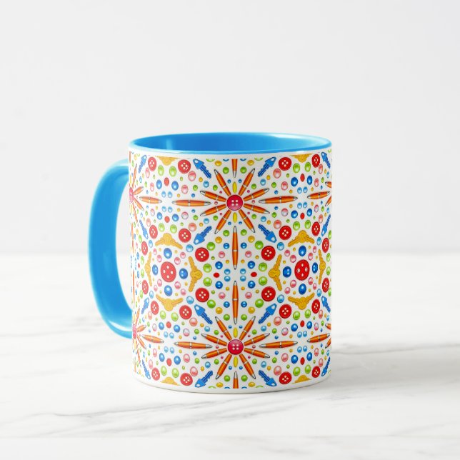 Caneca padrão caleidoscópio, acabamento azul, (Frente Esquerda)