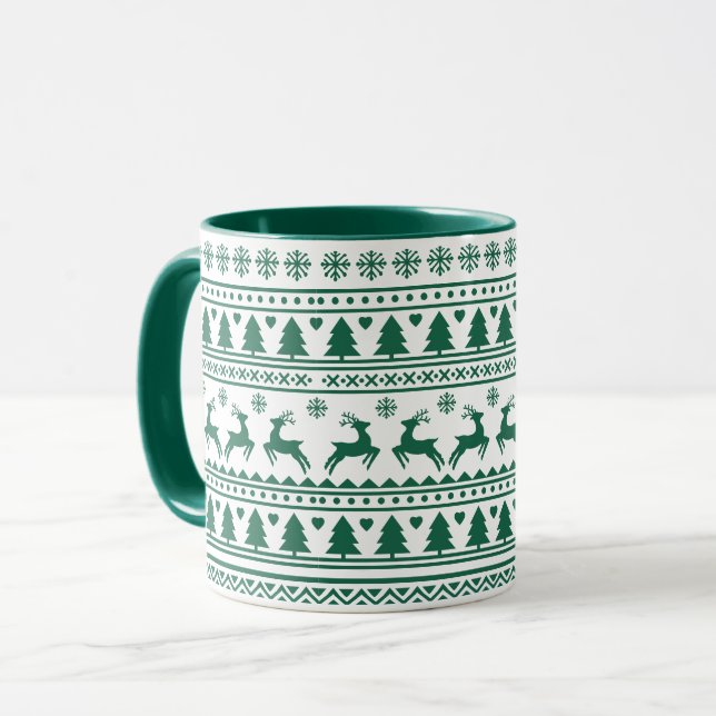 Caneca Padrão clássico verde escandinavo do Natal (Frente Esquerda)