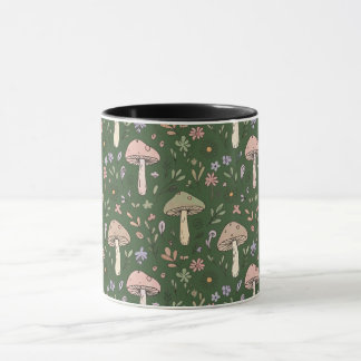 Caneca Padrão contínuo de fungos verde caçador escuro e s