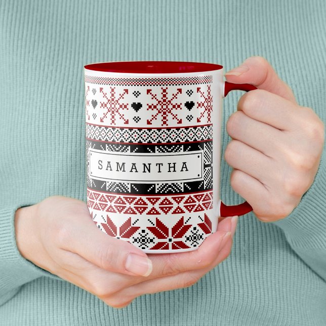 Caneca Padrão da Ilha da Feira de Inverno Vermelha e Negr (Winter Fair Isle Pattern with Custom Name Tall Mug)