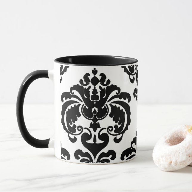 Caneca Padrão Damásco Preto e Branco Elegante Chique (Com Donut)