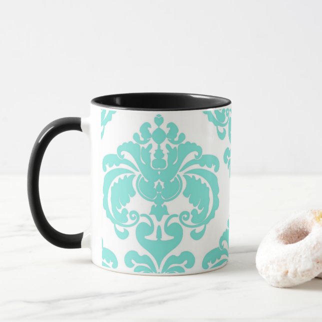 Caneca Padrão Damask Elegante e Chic em Água Teal e Branc (Com Donut)