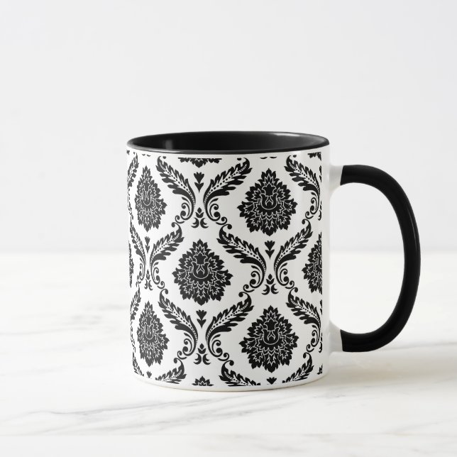 Caneca Padrão Damask Rococó Preto no Branco (Direita)