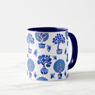 Caneca Padrão das árvores Bonsai em azul-cobalto e branco