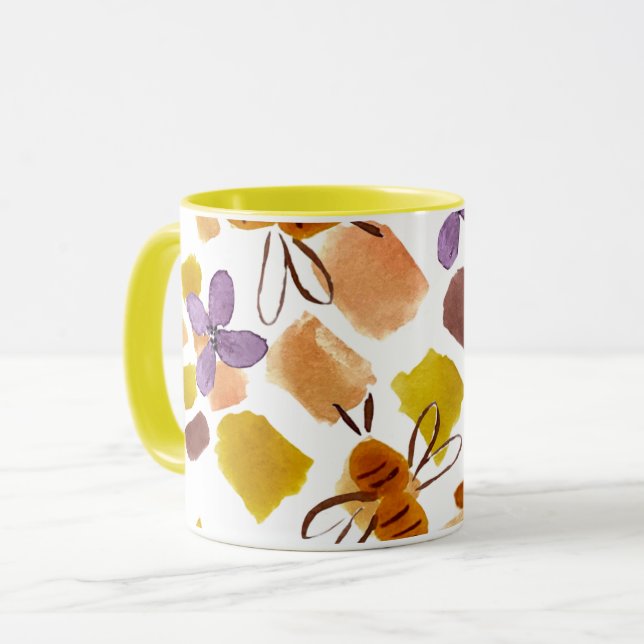 Caneca Padrão de Abelhas Florais Amarelas Primavera de Aq (Frente Esquerda)