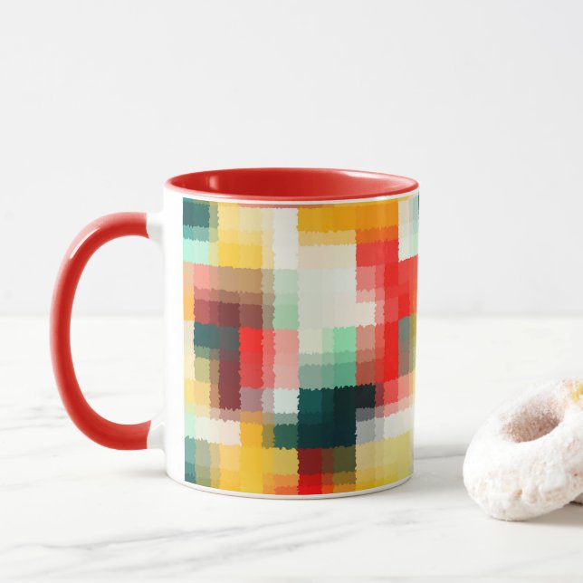 Caneca Padrão de Abstrato branco amarelo azul vermelho ve (Com Donut)