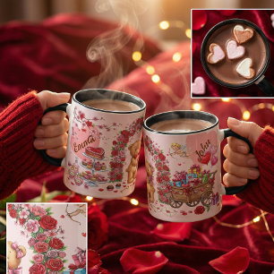 Caneca Padrão de Amor em Aquarela Rosa e Vermelho Românti