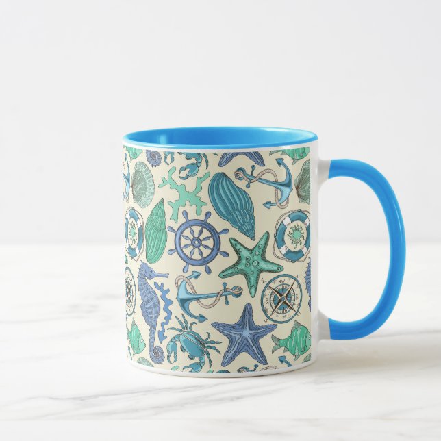 Caneca Padrão de Animais do Mar Teal (Direita)