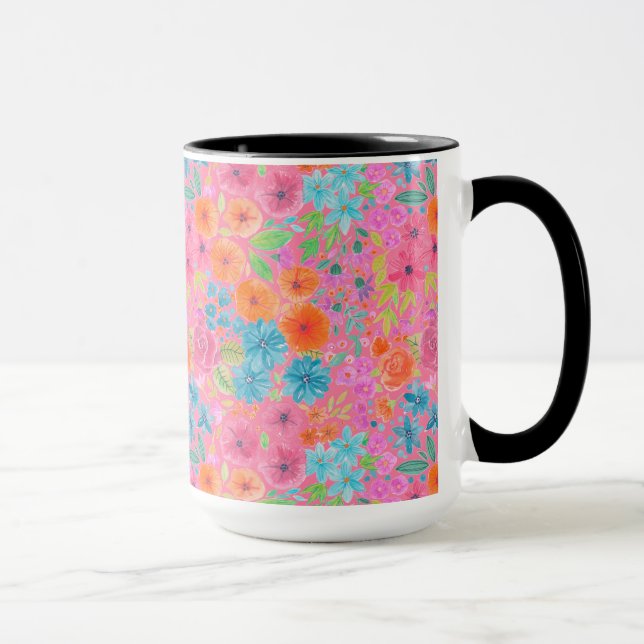 Caneca Padrão de aquarelas flóricas a rosa (Direita)
