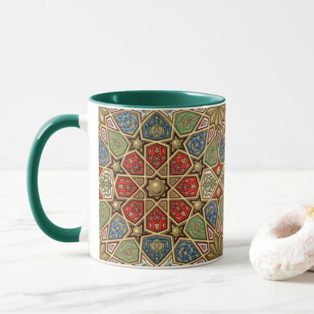 Caneca Padrão de Arte Árabe Dourada Azul Vermelho (Com Donut)