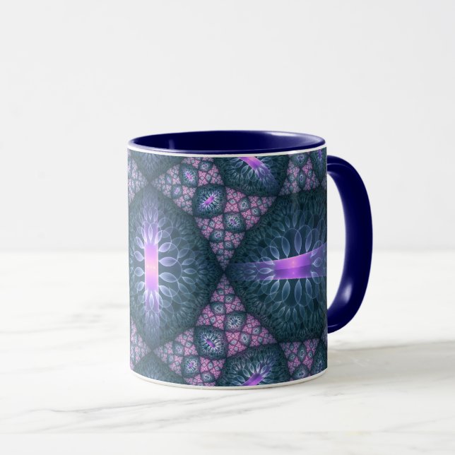 Caneca Padrão de Arte Fractal 3D Turquesa Roxo Rosa (Frente Esquerda)