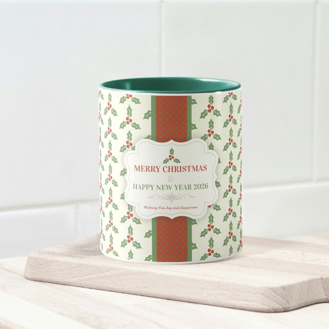 Caneca Padrão de Azevinho de Natal Folhas de Azevinho Ver (Criador carregado)