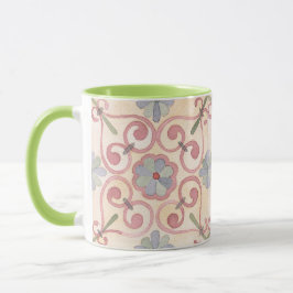 Caneca Padrão de azulejo colorido Verde floral cor-de-ros
