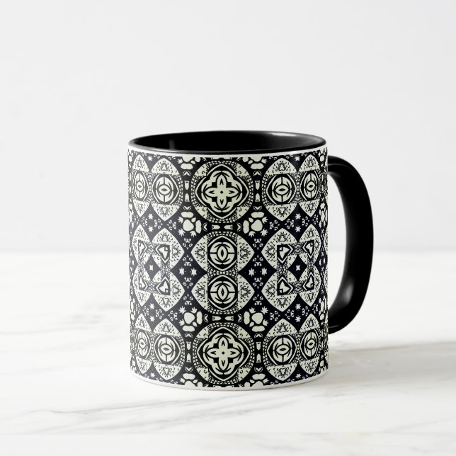 Caneca Padrão de Azulejo da Mesquita Árabe Preto e Branco (Frente Esquerda)
