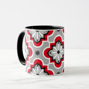 Caneca Padrão de azulejo marroquino - Cinza e vermelho