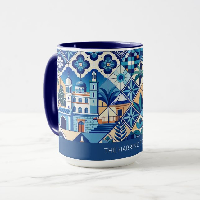 Caneca Padrão de Azulejos Azulejo de Nome Personalizado (Frente Esquerda)
