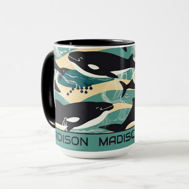 Caneca Padrão de Baleias de Nome Personalizado (Frente Esquerda)
