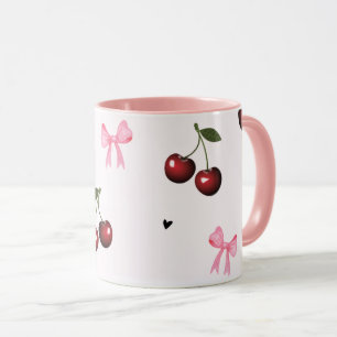 Caneca Padrão de Cerejas e Laços Rosa - Estética Coquette