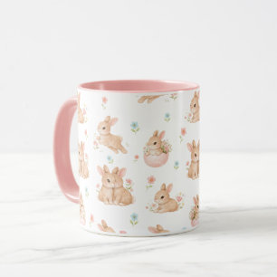 Caneca Padrão de Coelhinhos e Flores Fofos