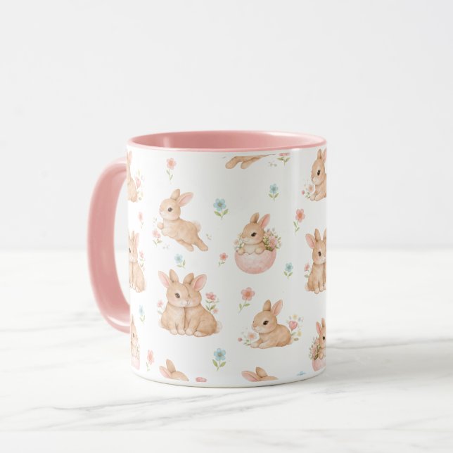 Caneca Padrão de Coelhinhos e Flores Fofos (Frente Esquerda)