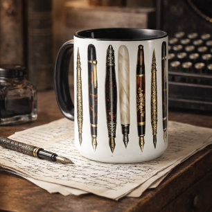 Caneca Padrão de Colagem de Canetas de Escrita Antigas