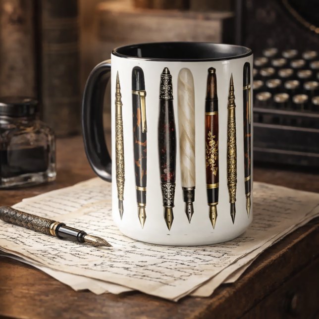 Caneca Padrão de Colagem de Canetas de Escrita Antigas (Criador carregado)