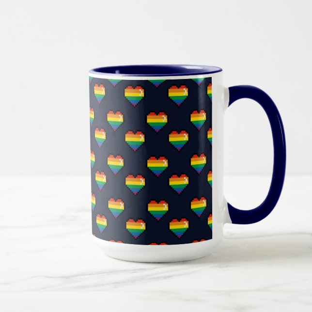 Caneca Padrão de Coração do Arco-Íris de 8 Bits (Direita)