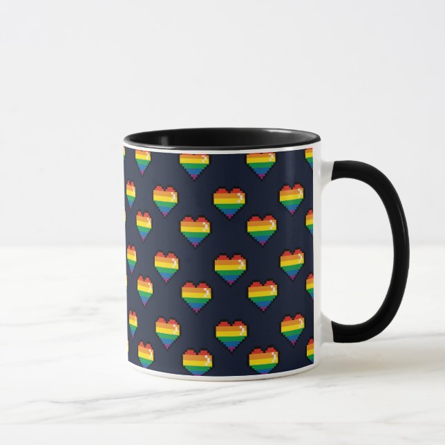 Caneca Padrão de Coração do Arco-Íris de 8 Bits (Direita)