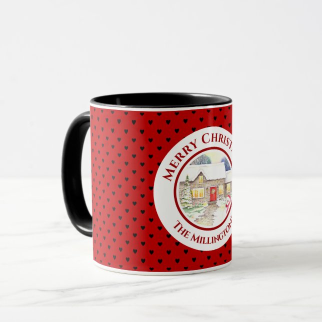 Caneca Padrão de Coração Vermelho Azul de Natal de Algodã (Frente Esquerda)
