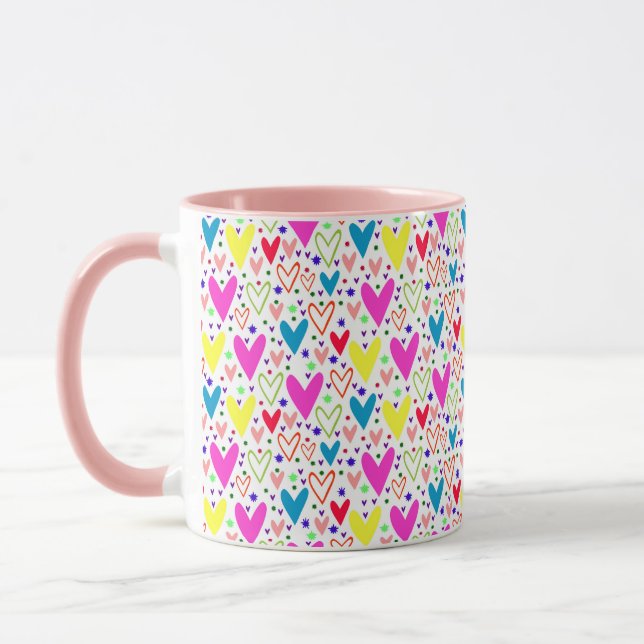 Caneca Padrão de corações coloridos fofos (Esquerda)