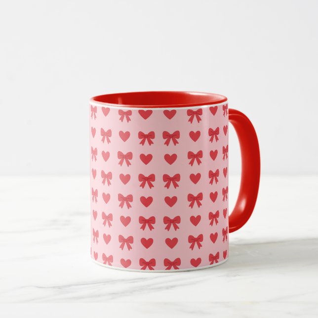 Caneca Padrão de Corações e Laços Rosa Doce (Frente Esquerda)