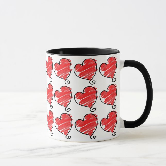 Caneca Padrão de Corações Esboçados Vermelhos (Direita)