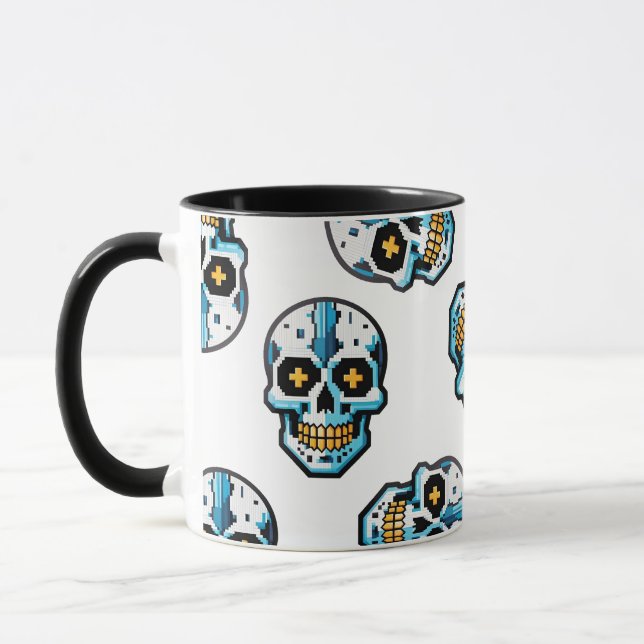 Caneca Padrão de Crânio Pixelado Cyborg (Esquerda)