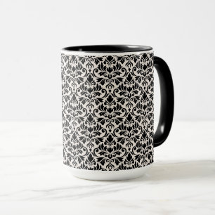 Caneca Padrão de Damasco Florescente Preto sobre Creme