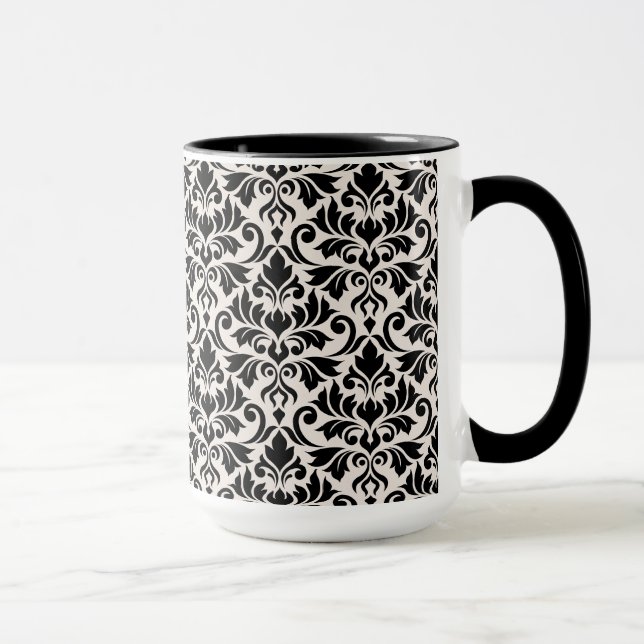 Caneca Padrão de Damasco Florescente Preto sobre Creme (Direita)