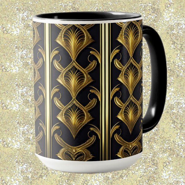 Caneca Padrão de deco de arte elegante em preto e ouro (Criador carregado)
